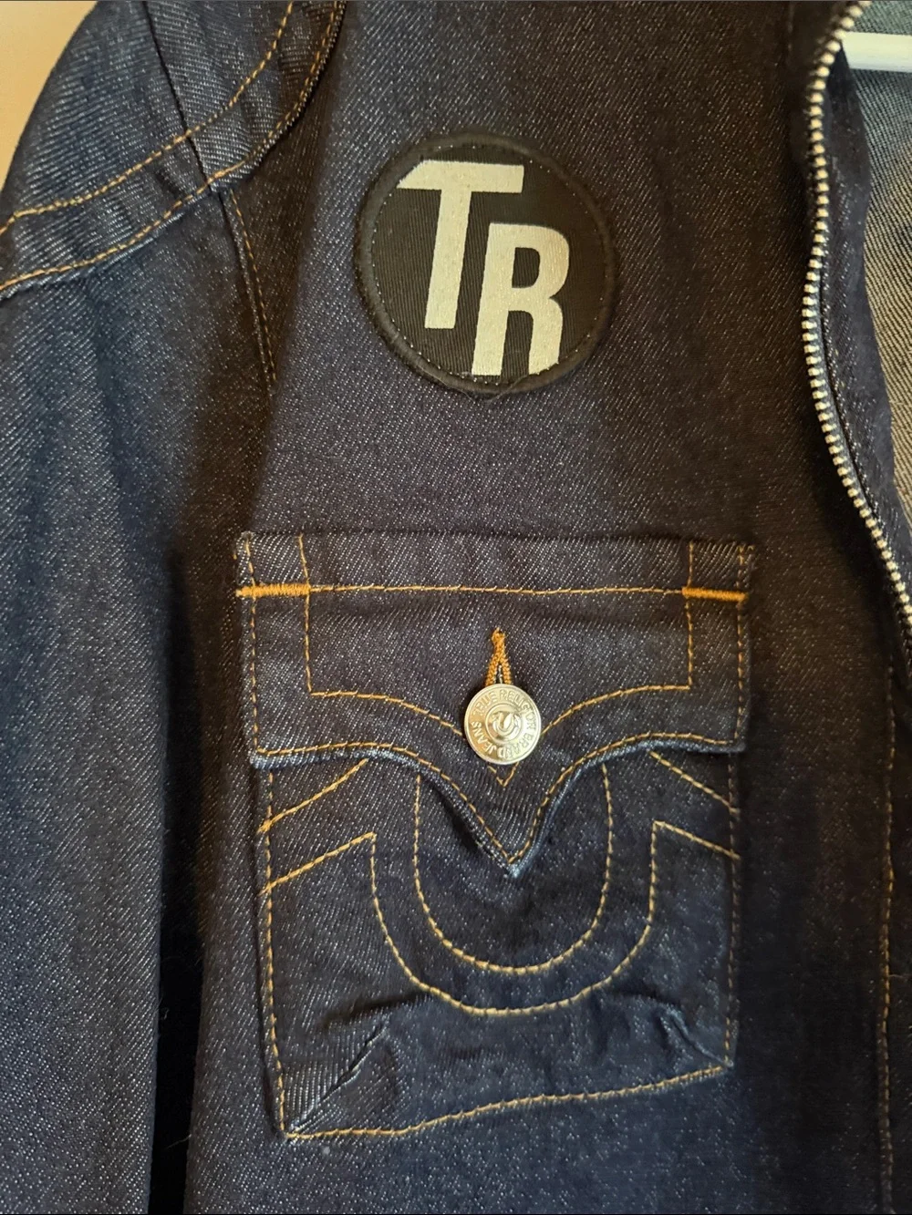 True Religion Dark Blue Denim Jacket with Embroidered Accents